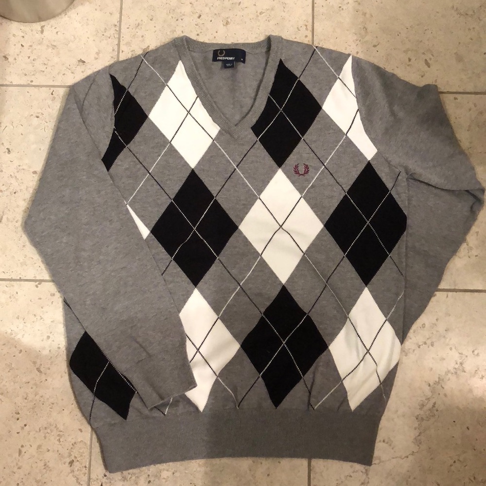 Fred Perry Men’s Argyle V-Neck Sweater Medium Oi Punk